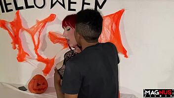 A Halloween themed couple’s breast fucking scene